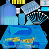 A complete diamond painting organizer kit showing various components like tiles, tools, and a storage case.