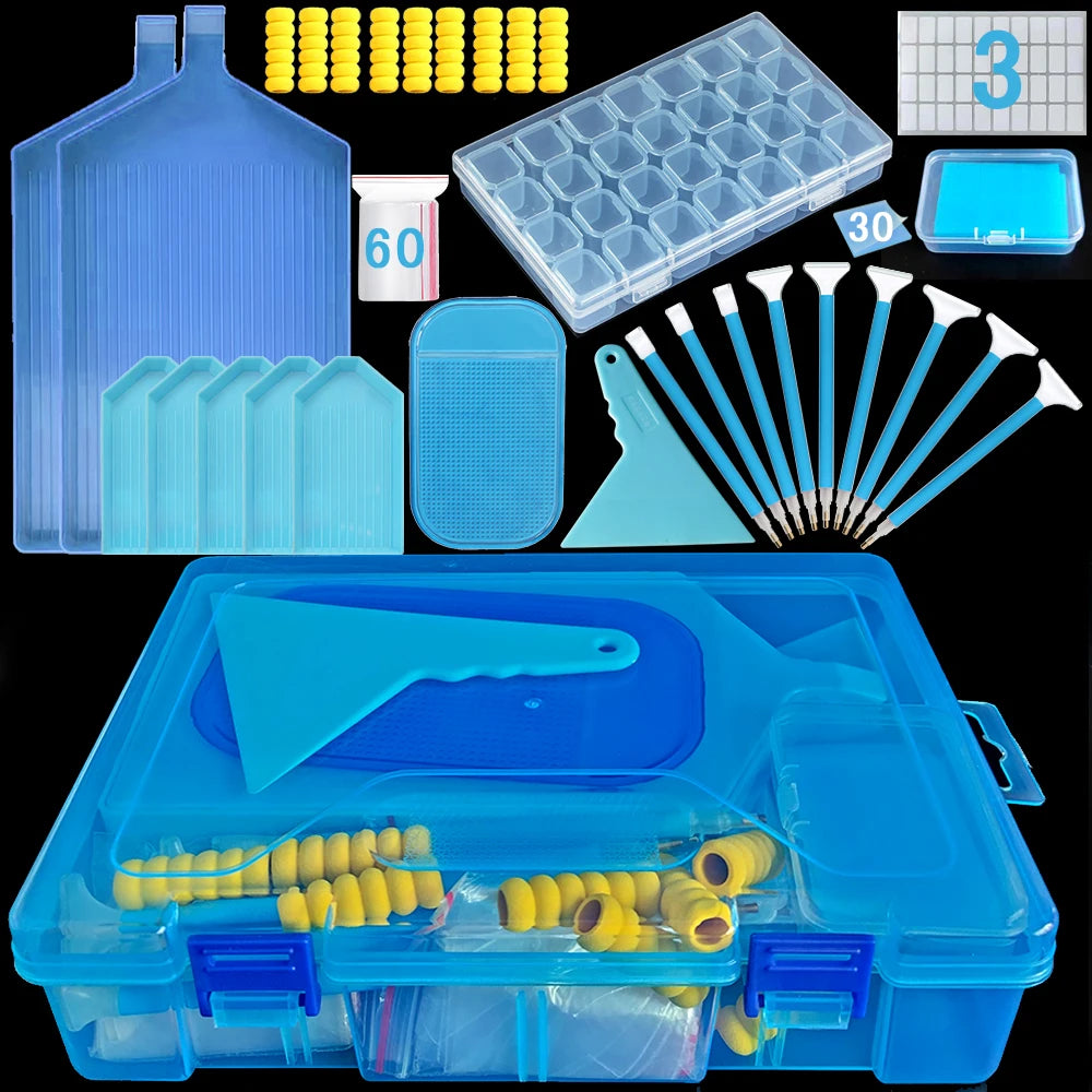 A complete diamond painting organizer kit showing various components like tiles, tools, and a storage case.