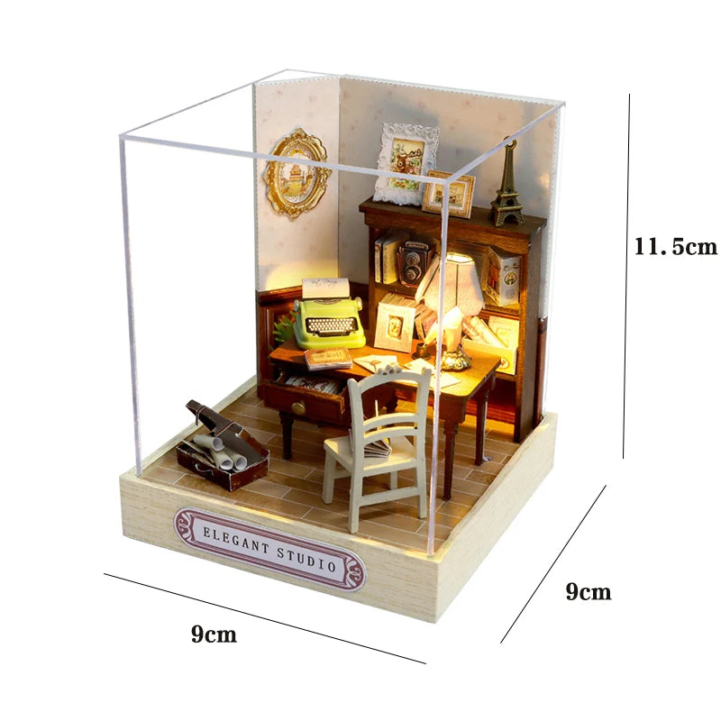 A DIY miniature Japanese sakura tea house wooden kit featuring an interior display with LED lighting.