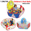A colorful foldable kids ball pit play tent with a storage basket filled with plastic balls.