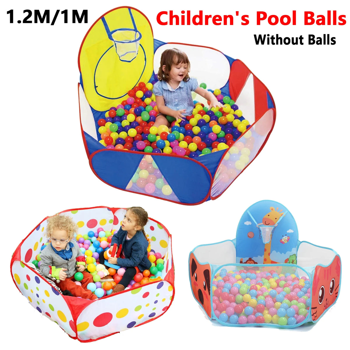 A colorful foldable kids ball pit play tent with a storage basket filled with plastic balls.