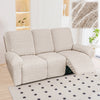 A beige heavy-duty linen stretch sofa cover for recliners is displayed on a light wood floor.