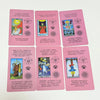 A set of pink Rider-Waite Tarot cards showing various cards like The Sun, Justice, and The Tower.