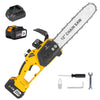 A yellow cordless electric chainsaw with a chain, battery, and tools displayed on a white background.