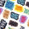 A collection of colorful embroidered humorous iron-on patches featuring phrases like Work Hard Stay Humble and Enjoy The Day.