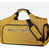 A tan duffel bag with a black strap and a shoe pocket visible against a light background.