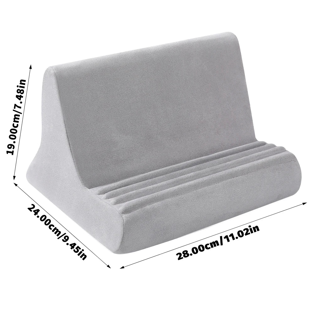 A gray adjustable comfort tablet and phone stand pillow with dimensions 19.00cm x 24.00cm x 28.00cm.