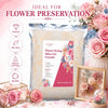 Bag of Flower Drying Silica Gel Crystals used for flower preservation surrounded by fresh roses and greenery