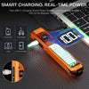 Orange multi-beam tactical flashlight with a digital display showing 100% battery and UV light feature