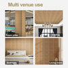 Examples of self-adhesive wood grain wall panels used in various interior settings like rooms, ceilings, bedrooms, and living