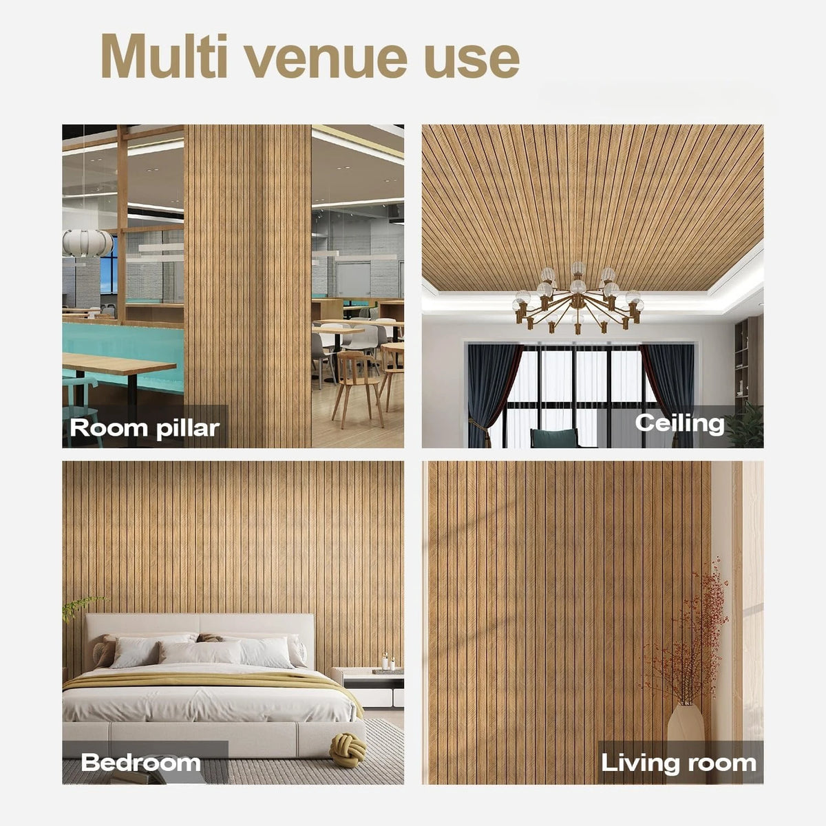 Examples of self-adhesive wood grain wall panels used in various interior settings like rooms, ceilings, bedrooms, and living