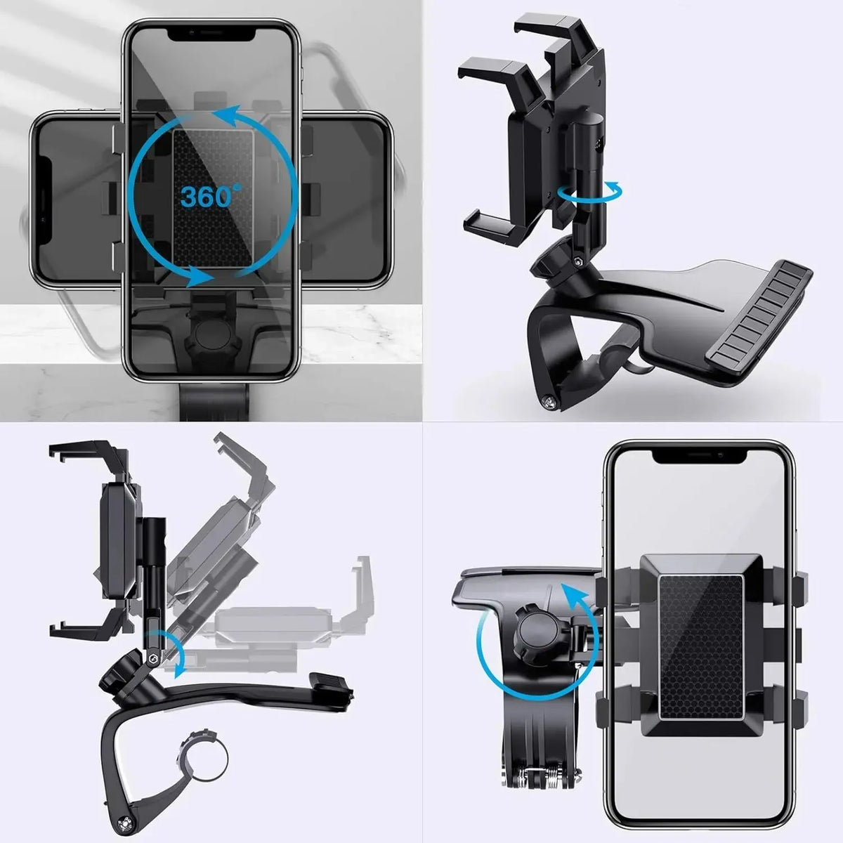 A black dashboard phone mount with a 360 degree rotation feature shown in various angles.