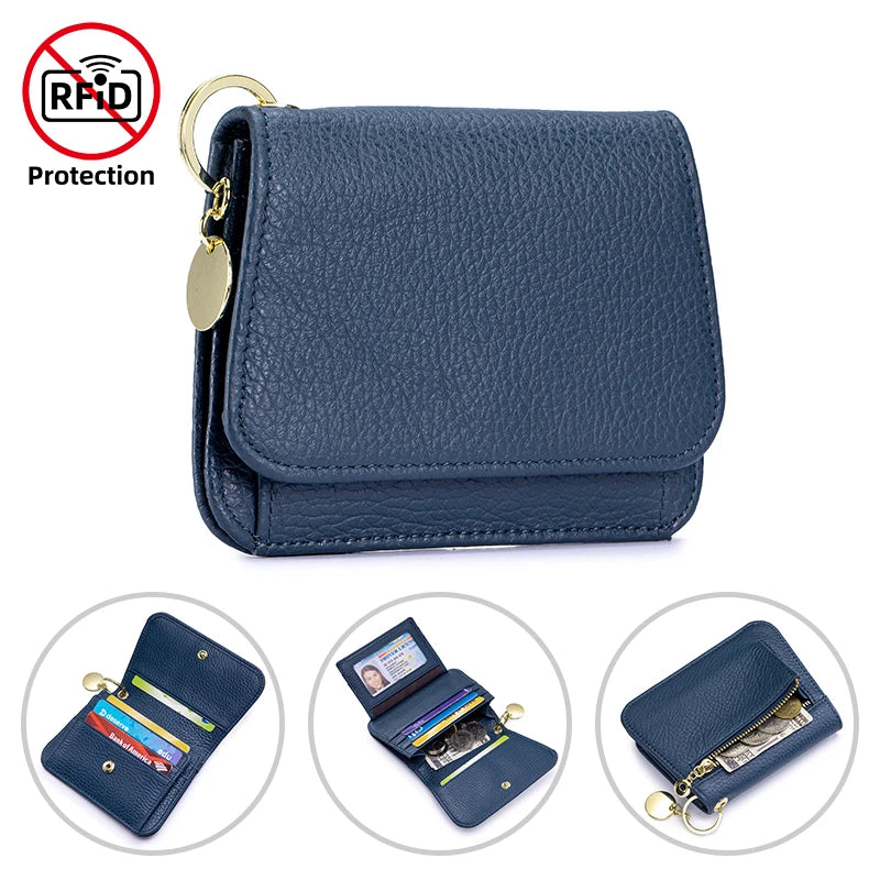 Genuine Leather Tri-Fold Wallet with Coin Pocket & Keychain