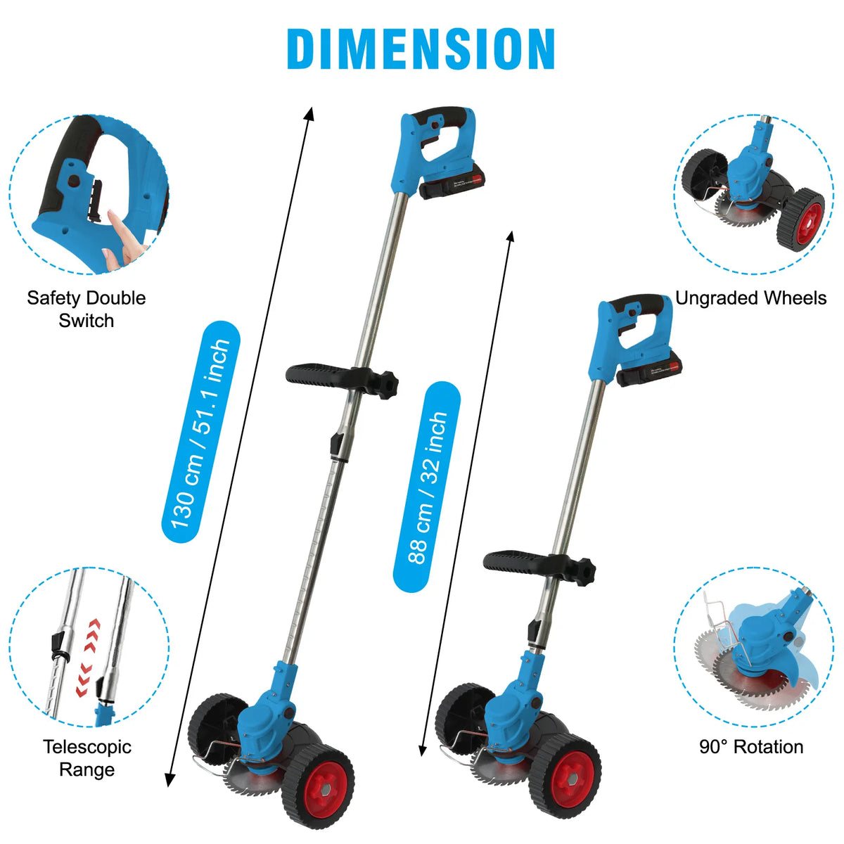 A blue cordless grass trimmer and edger with telescopic range, safety switch, and 90 degree rotation feature.