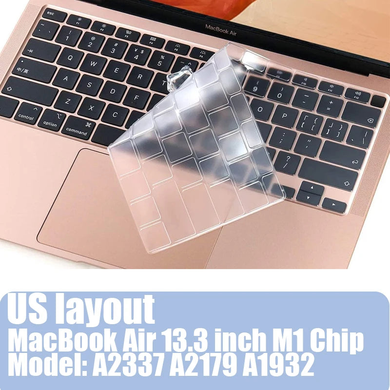 Clear silicone keyboard cover for a MacBook Air with US layout.