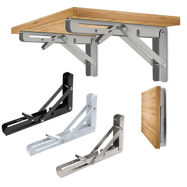 Supports pliants en acier inoxydable pour supporter des étagères en bois.