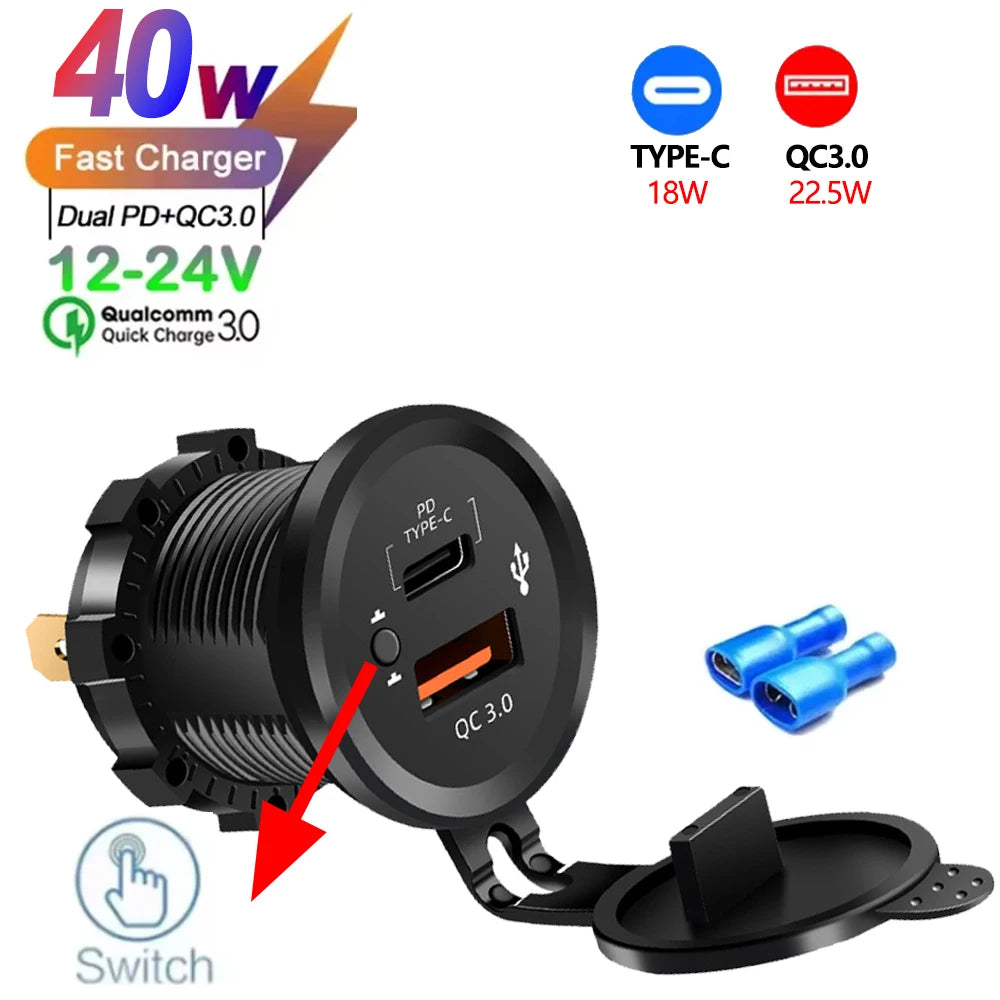 Black car charger with a switch and LED display showing QC 3.0 output details