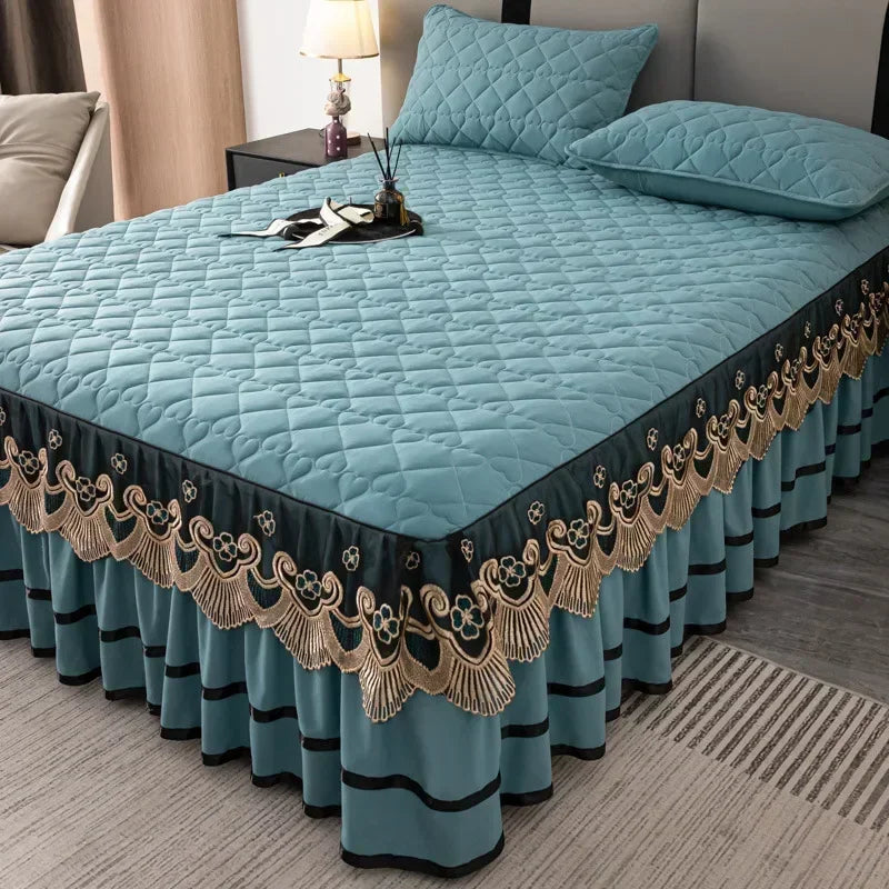 Gold Embroidered Lace Bed Skirt with Heart Pattern