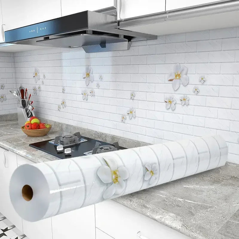 Roll of self-adhesive kitchen splashback sticker wallpaper in white with floral designs