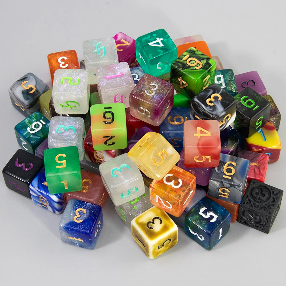 A collection of ten polyhedral dice in various colors and transparencies for tabletop role-playing games