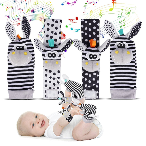 A set of soft plush baby rattle wrist and foot socks featuring animal designs for newborns.