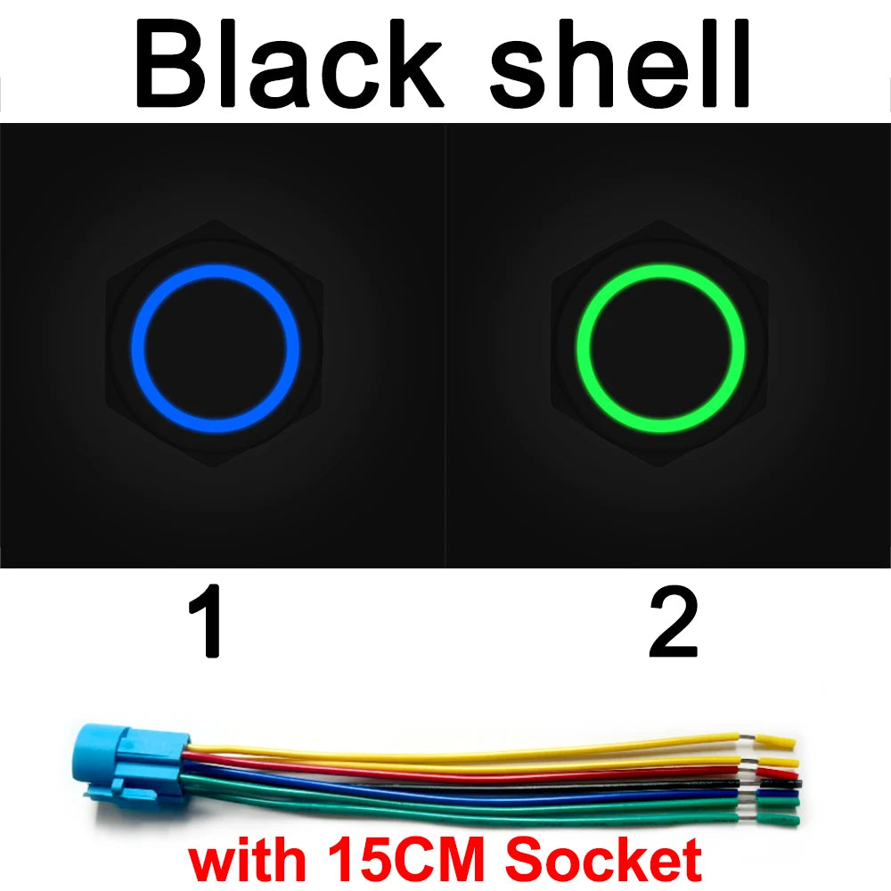 Zwei schwarze LED-Tasterschalter mit Beschriftungen 1 und 2 und einer 15 cm Buchse.