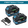 Two 998Vf Li-ion batteries and a charger are shown on a white background.