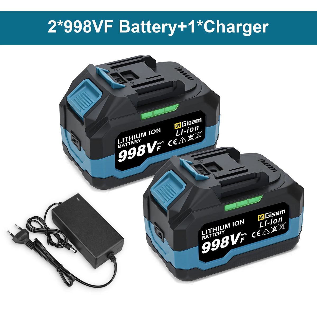 Two 998Vf Li-ion batteries and a charger are shown on a white background.