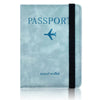 Light blue leather passport wallet with a dark trim and an airplane icon.