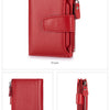 Red genuine leather RFID blocking bi-fold wallet shown from the front, back, and side views.