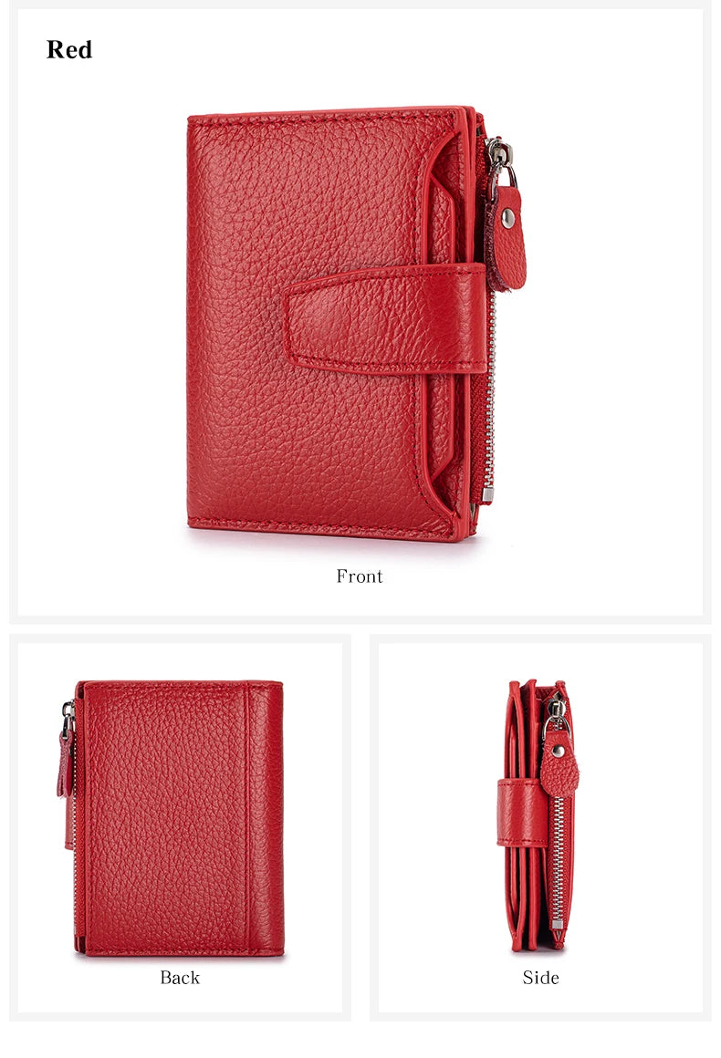 Red genuine leather RFID blocking bi-fold wallet shown from the front, back, and side views.