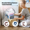 A woman is using a reusable makeup remover towel in a washing machine, demonstrating its washable and reusable features.