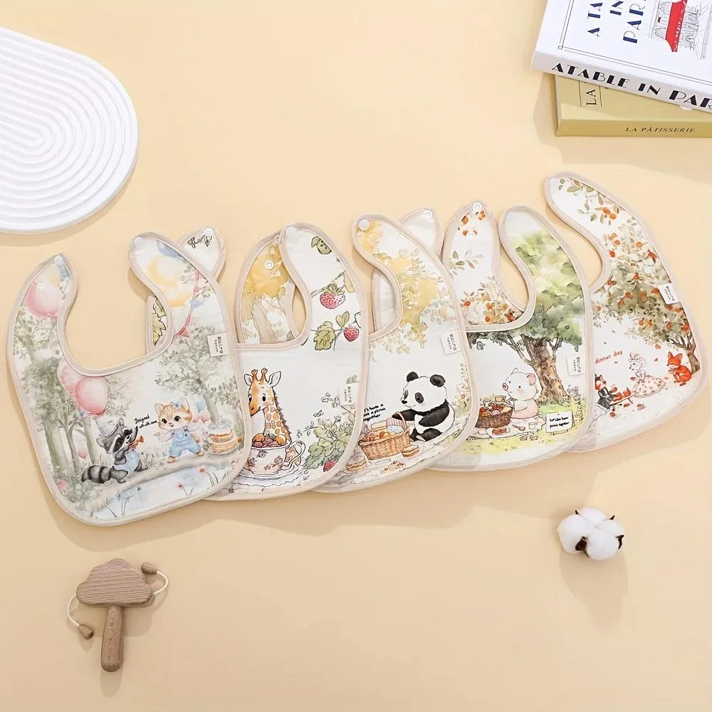 A set of soft cotton waterproof baby bibs featuring various cute animal illustrations