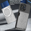 A slim aluminum pop-up card wallet with a textured surface is shown next to a smartphone demonstrating magnetic suction for w