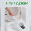A 3-in-1 design showing a toilet brush and plunger set being used in a white toilet bowl.
