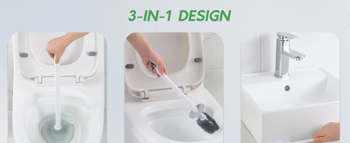 A 3-in-1 design showing a toilet brush and plunger set being used in a white toilet bowl.
