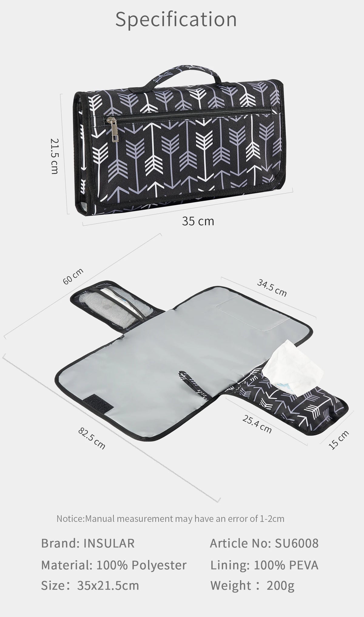 Black and white foldable waterproof baby changing pad with a carrying bag and a separate mat.