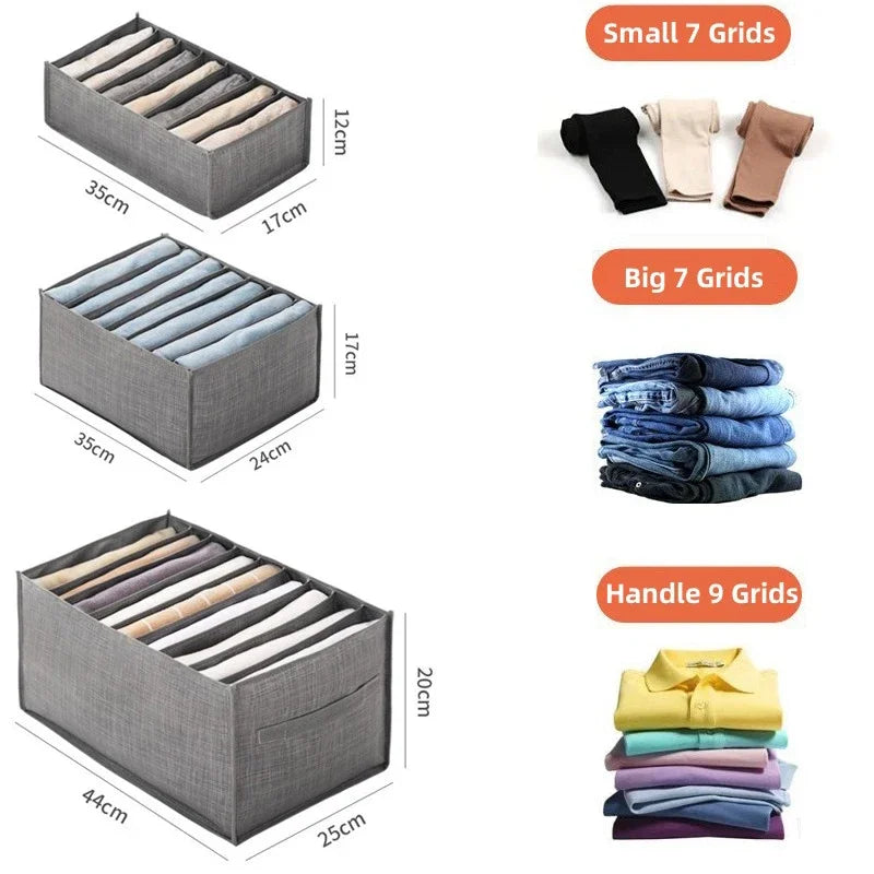A set of foldable closet organizer boxes with various grid sizes, including small 7 grids, big 7 grids, and handle 9 grids.