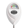 A white soil moisture meter device with a dial showing DRY, MOIST, and WET levels.