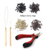 A kit for hair extension installation featuring a needle tool and 500 pieces of micro rings.