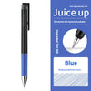 Schwarze und blaue Pilot Juice Up Gel-Stifte mit blauer Tinte und Schreibspezifikationen.