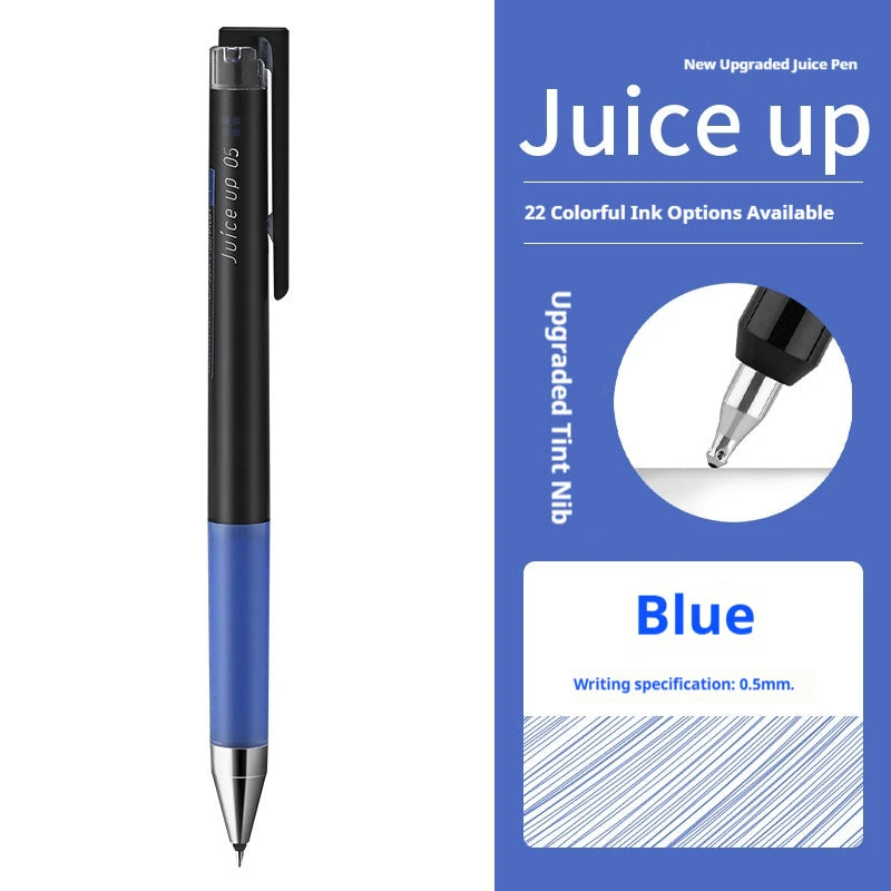 Schwarze und blaue Pilot Juice Up Gel-Stifte mit blauer Tinte und Schreibspezifikationen.