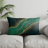 Decorative pillowcase featuring a dark teal background with abstract green and gold geometric lines.