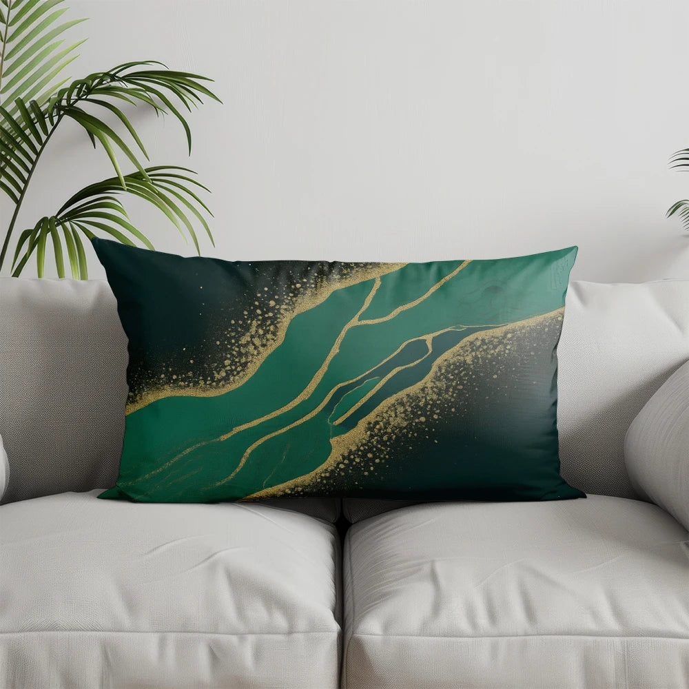 Decorative pillowcase featuring a dark teal background with abstract green and gold geometric lines.