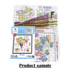 A product sample showing a cross stitch kit featuring an autumn mountain landscape design and colorful threads.