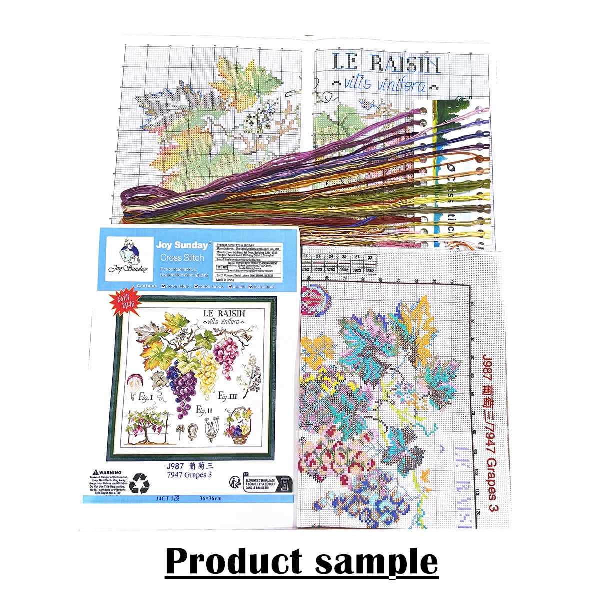 A product sample showing a cross stitch kit featuring an autumn mountain landscape design and colorful threads.