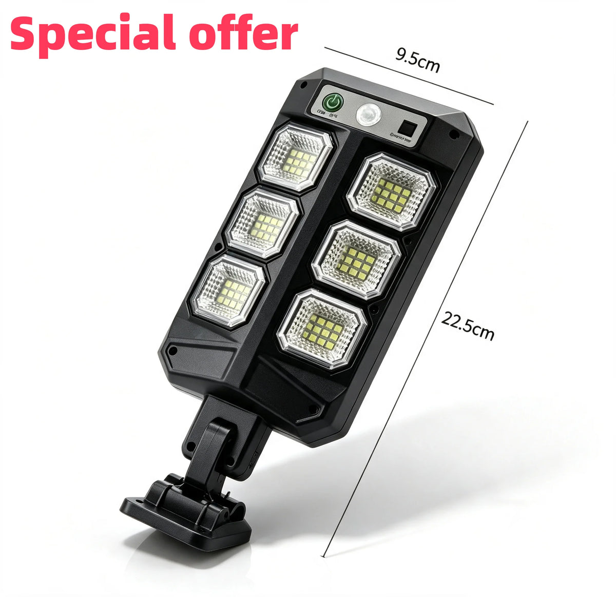 A black solar wall light fixture with four LED panels and a motion sensor is shown on a white background.