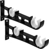 A set of two black durable aluminum curtain rod brackets with white curved arms.