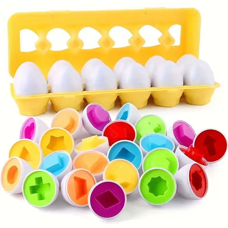 A yellow plastic tray holds multiple white and colored egg-shaped sorting puzzle toys for toddlers.