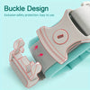 A close-up of a light gray wrist link strap with a buckle design and a teal fabric strap, showing the safety features.
